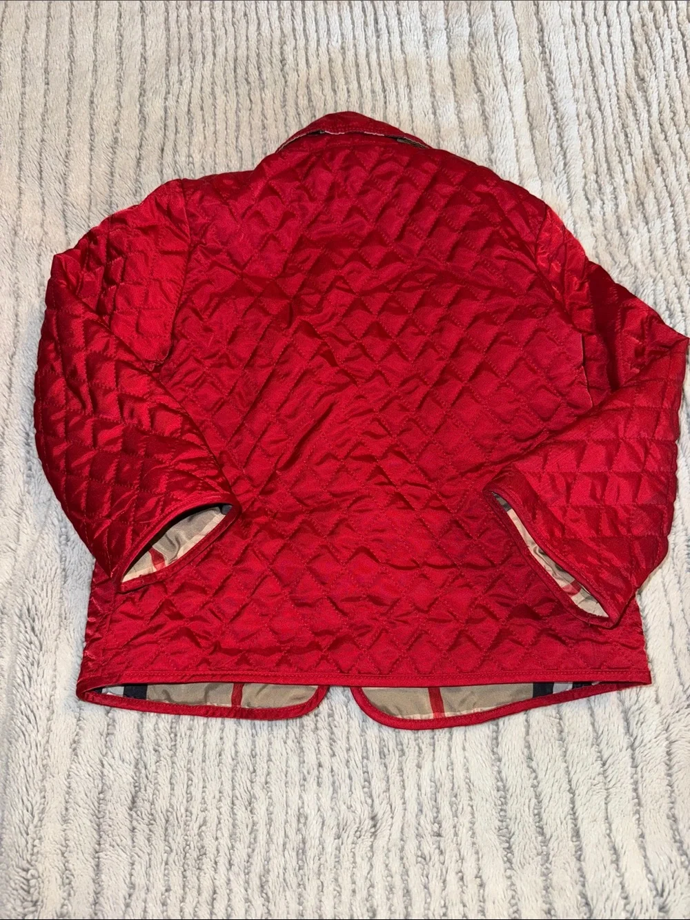 Burberry Red Quilted Kids Puffer Jacket with Check Trim